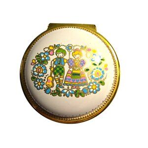 Trinket music Box Vtg Round Enamel Brass Folk Art made in Japan cottagecore
